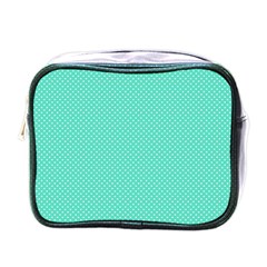 White Polkadot Hearts On Tiffany Aqua Blue  Mini Toiletries Bags by PodArtist