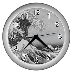 Black And White Japanese Great Wave Off Kanagawa By Hokusai Wall Clocks (silver)  by PodArtist