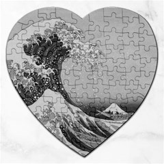 Black And White Japanese Great Wave Off Kanagawa By Hokusai Jigsaw Puzzle (heart) by PodArtist