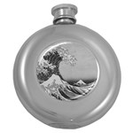 Black and White Japanese Great Wave off Kanagawa by Hokusai Round Hip Flask (5 oz) Front