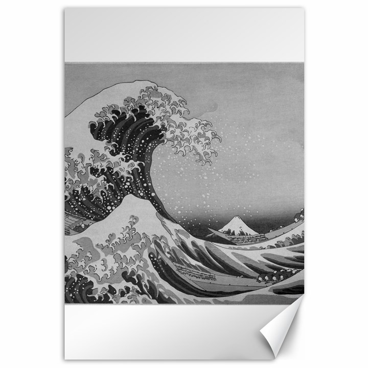 Black and White Japanese Great Wave off Kanagawa by Hokusai Canvas 12  x 18  