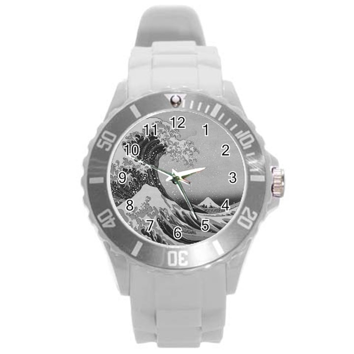 Black and White Japanese Great Wave off Kanagawa by Hokusai Round Plastic Sport Watch (L)