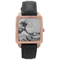 Black And White Japanese Great Wave Off Kanagawa By Hokusai Rose Gold Leather Watch  by PodArtist