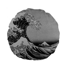 Black And White Japanese Great Wave Off Kanagawa By Hokusai Standard 15  Premium Flano Round Cushions by PodArtist