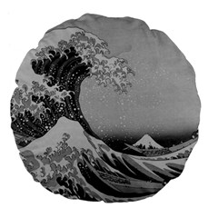 Black And White Japanese Great Wave Off Kanagawa By Hokusai Large 18  Premium Flano Round Cushions by PodArtist