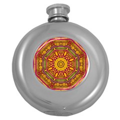 Sunshine Mandala And Other Golden Planets Round Hip Flask (5 Oz) by pepitasart