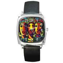 Ethnic Bold Bright Artistic Paper Square Metal Watch by Celenk