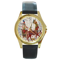 Egyptian Tutunkhamun Pharaoh Design Round Gold Metal Watch by Celenk