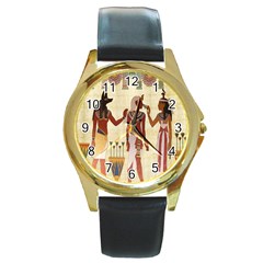 Egyptian Design Man Woman Priest Round Gold Metal Watch by Celenk