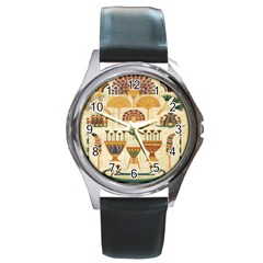 Egyptian Paper Papyrus Hieroglyphs Round Metal Watch by Celenk