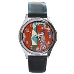 Mexico Puebla Mural Ethnic Aztec Round Metal Watch by Celenk