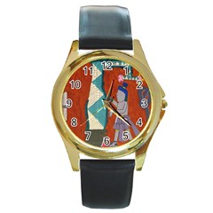 Mexico Puebla Mural Ethnic Aztec Round Gold Metal Watch by Celenk