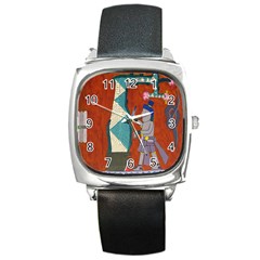 Mexico Puebla Mural Ethnic Aztec Square Metal Watch by Celenk