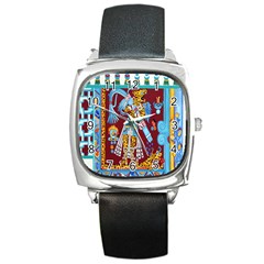 Mexico Puebla Mural Ethnic Aztec Square Metal Watch by Celenk