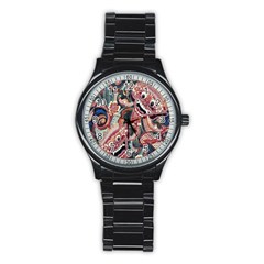 Indonesia Bali Batik Fabric Stainless Steel Round Watch by Celenk