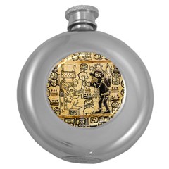 Mystery Pattern Pyramid Peru Aztec Font Art Drawing Illustration Design Text Mexico History Indian Round Hip Flask (5 Oz) by Celenk