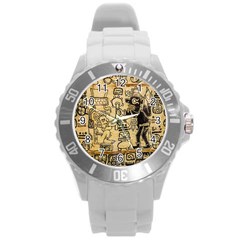 Mystery Pattern Pyramid Peru Aztec Font Art Drawing Illustration Design Text Mexico History Indian Round Plastic Sport Watch (l) by Celenk