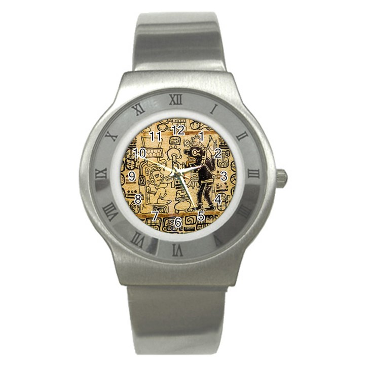 Mystery Pattern Pyramid Peru Aztec Font Art Drawing Illustration Design Text Mexico History Indian Stainless Steel Watch