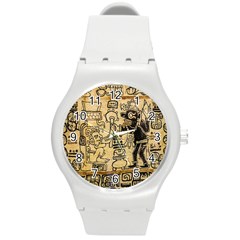 Mystery Pattern Pyramid Peru Aztec Font Art Drawing Illustration Design Text Mexico History Indian Round Plastic Sport Watch (m) by Celenk