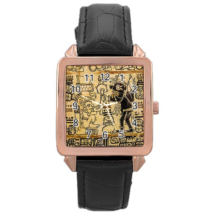 Mystery Pattern Pyramid Peru Aztec Font Art Drawing Illustration Design Text Mexico History Indian Rose Gold Leather Watch 