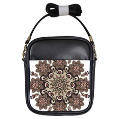 Mandala Pattern Round Brown Floral Girls Sling Bags by Celenk