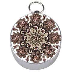 Mandala Pattern Round Brown Floral Silver Compasses by Celenk