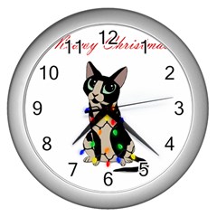 Meowy Christmas Wall Clocks (silver)  by Valentinaart