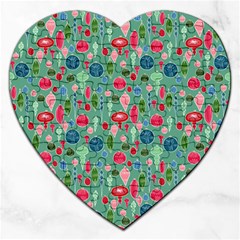 Vintage Christmas Hand-painted Ornaments In Multi Colors On Teal Jigsaw Puzzle (heart) by PodArtist