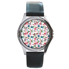 Vintage Christmas Hand-painted Ornaments In Multi Colors On White Round Metal Watch by PodArtist