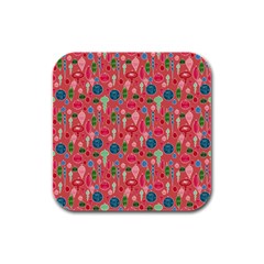 Vintage Christmas Hand-painted Ornaments In Multi Colors On Rose Rubber Square Coaster (4 Pack)  by PodArtist