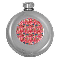 Vintage Christmas Hand-painted Ornaments In Multi Colors On Rose Round Hip Flask (5 Oz) by PodArtist