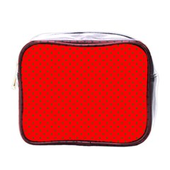 Small Christmas Green Polka Dots On Red Mini Toiletries Bags by PodArtist