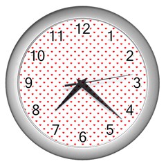 Small Christmas Red Polka Dot Hearts On Snow White Wall Clocks (silver)  by PodArtist