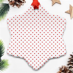 Small Christmas Red Polka Dot Hearts On Snow White Snowflake Ornament (two Sides) by PodArtist