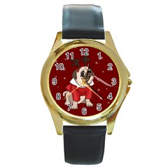 Pug Xmas Round Gold Metal Watch by Valentinaart