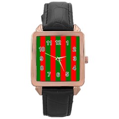 Wide Red And Green Christmas Cabana Stripes Rose Gold Leather Watch  by PodArtist