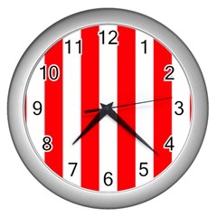 Wide Red And White Christmas Cabana Stripes Wall Clocks (silver)  by PodArtist