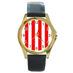 Wide Red and White Christmas Cabana Stripes Round Gold Metal Watch