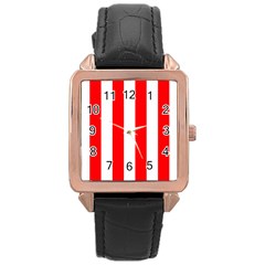 Wide Red and White Christmas Cabana Stripes Rose Gold Leather Watch 