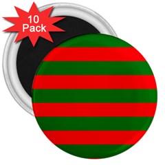 Red And Green Christmas Cabana Stripes 3  Magnets (10 Pack)  by PodArtist