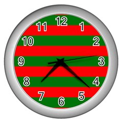 Red And Green Christmas Cabana Stripes Wall Clocks (silver)  by PodArtist