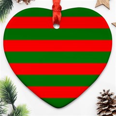 Red And Green Christmas Cabana Stripes Heart Ornament (two Sides) by PodArtist