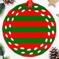 Red And Green Christmas Cabana Stripes Ornament (round Filigree) by PodArtist