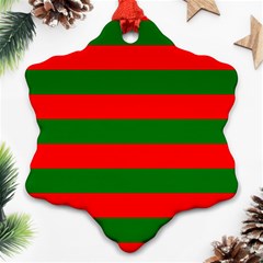 Red And Green Christmas Cabana Stripes Snowflake Ornament (two Sides) by PodArtist