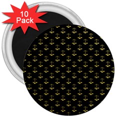 Gold Scales Of Justice On Black Repeat Pattern All Over Print  3  Magnets (10 Pack)  by PodArtist