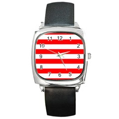 Christmas Red And White Cabana Stripes Square Metal Watch by PodArtist