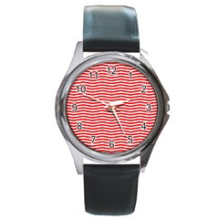 Christmas Red And White Chevron Stripes Round Metal Watch by PodArtist