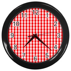 Large Christmas Red And White Gingham Check Plaid Wall Clocks (black) by PodArtist