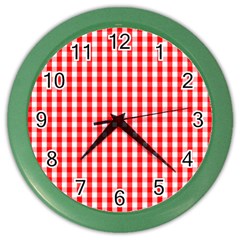 Large Christmas Red And White Gingham Check Plaid Color Wall Clocks by PodArtist