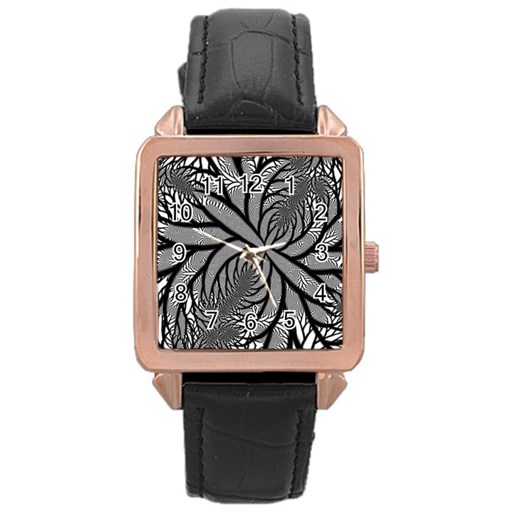 Fractal Symmetry Pattern Network Rose Gold Leather Watch 